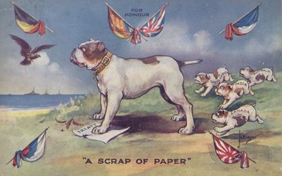 Bulldog britannico in piedi sul trattato della Gran Bretagna con il Belgio da English School