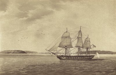 Fregata britannica HMS Fisgard, comandata dal capitano Thomas Byam Martin, in ricognizione al largo di Brest, Francia (litografia) da English School