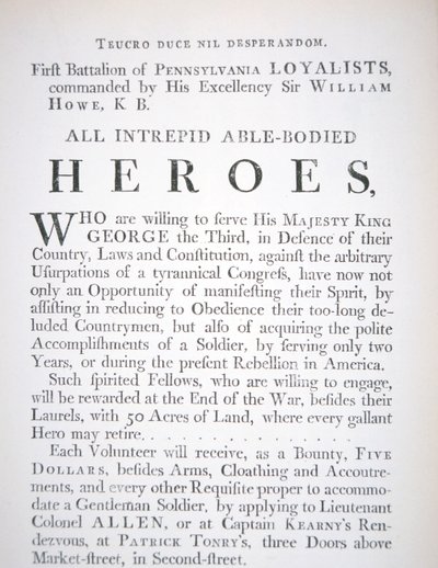 Poster di reclutamento britannico per il Primo Battaglione dei Lealisti della Pennsylvania, durante la Guerra d