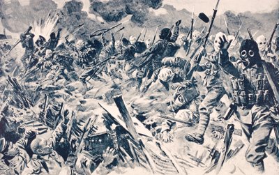 Truppe britanniche con maschere antigas attaccano le trincee tedesche a Loos, Francia, 25 settembre 1915, da 