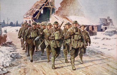 Truppe britanniche in marcia in condizioni invernali, 1914-19 da English School