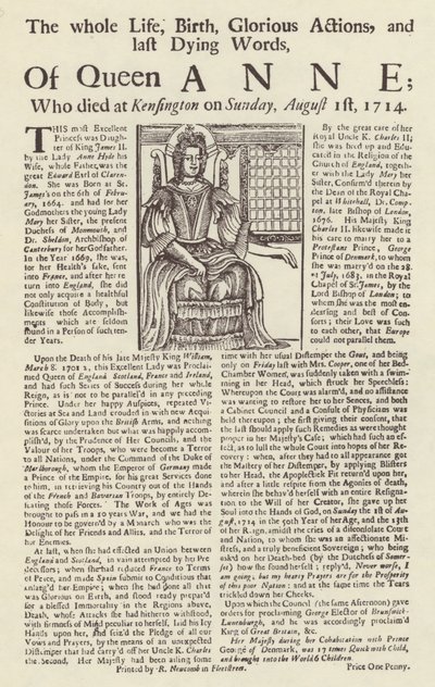 Manifesto pubblicato alla morte della regina Anna da English School