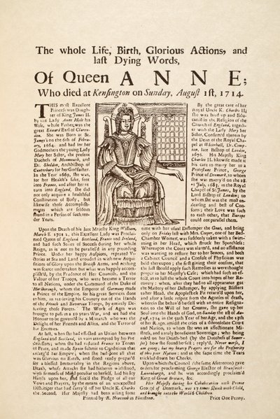 Manifesto pubblicato alla morte della regina Anna, domenica 1 agosto 1714 da English School