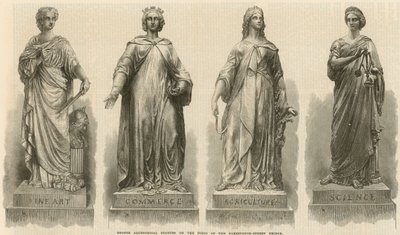 Statue allegoriche in bronzo sui pilastri del Farringdon Street Bridge (incisione) da English School
