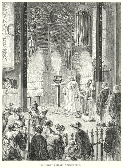 Sacerdoti buddisti officianti (incisione) da English School