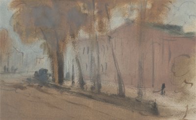 Edificio con alberi (Studio per Chelsea Embankment), precedentemente attribuito a J.M.W. Turner (1775-1851) e anche attribuito a Peter de Wint (1784-1849), 1825-27 da English School