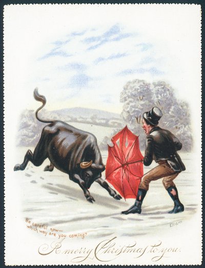 Toro che carica un ombrello rosso da English School