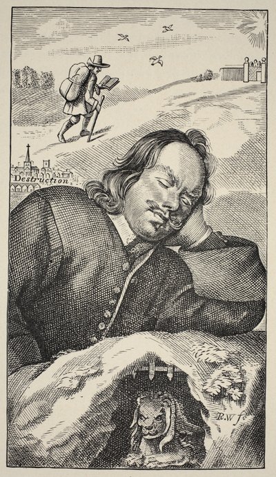 Il sogno di Bunyan, frontespizio di The Pilgrims Progress di John Bunyan (1628-88), 4a edizione, pub. 1680 da English School