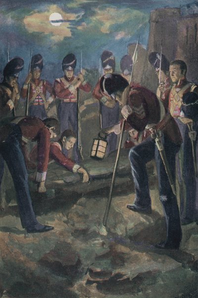 Sepoltura del generale Sir John Moore dopo la battaglia di Corunna, Spagna, guerra peninsulare, 1809 da English School