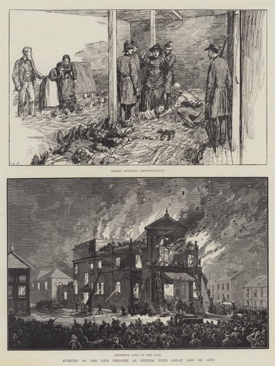 Incendio del Nuovo Teatro a Exeter, con Grande Perdita di Vite (incisione) da English School