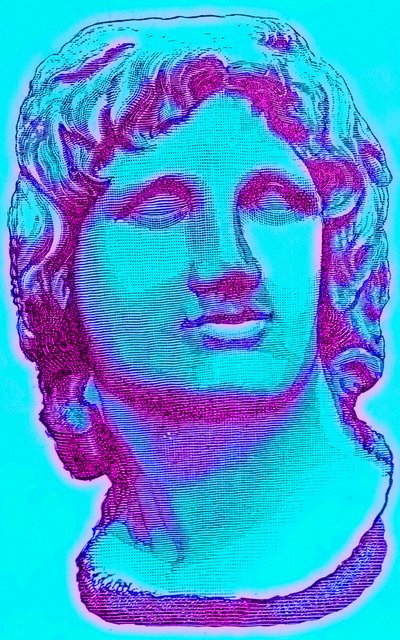Busto di Alessandro Magno, dal British Museum, statua in Vaticano, illustrazione da Storia di Roma di Victor Duruy, pubblicata nel 1884 da English School