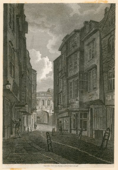 Butcher Row, vista da Temple Bar, basato su un disegno di Edward Dayes, 9 giugno 1796 da English School