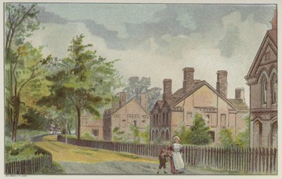 Cottage dei lavoratori della Cadbury e strada di campagna, Bournville, Birmingham (cromolitografia) da English School
