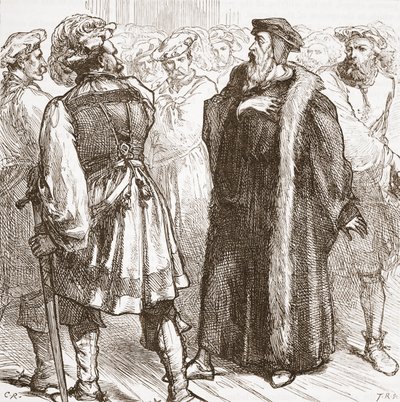 Calvino davanti ai suoi nemici nel Consiglio, illustrazione da La storia del protestantesimo di James Aitken Wylie (1808-1890), pub. 1878 da English School