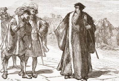 Calvino insultato dai libertini sul ponte del Rodano, illustrazione da La storia del protestantesimo di James Aitken Wylie (1808-1890), pub. 1878 da English School
