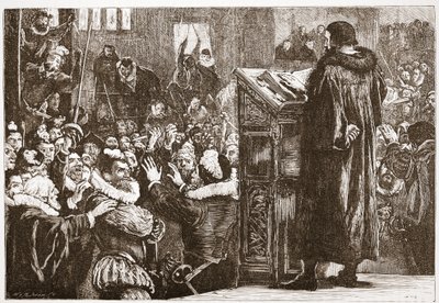 Calvino minacciato nella chiesa di Rive, illustrazione da La storia del protestantesimo di James Aitken Wylie (1808-1890), pub. 1878 da English School