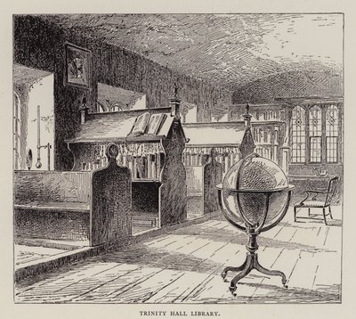 Cambridge: biblioteca del Trinity Hall (acquaforte) da English School