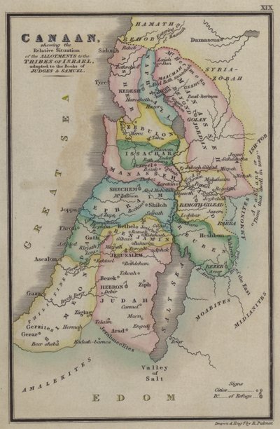 Canaan, che mostra la Situazione Relativa delle Assegnazioni alle Tribù di Israele, adattato ai Libri dei Giudici e di Samuele da English School