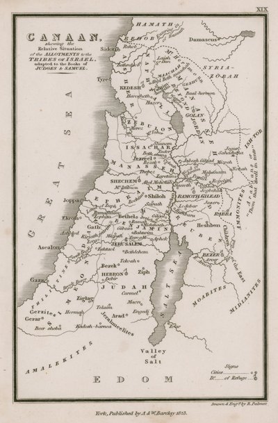 Canaan, mostrando la situazione relativa delle assegnazioni alle tribù di Israele, adattato ai Libri dei Giudici e di Samuele da English School