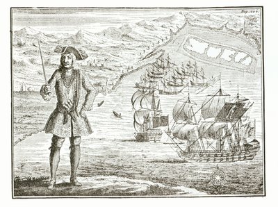 Capitano Bartholomew Roberts (1682-1722) con due navi, la Royal Fortune e la Ranger salpano a Whydah Road sulla costa della Guinea, 11 gennaio 172? da Una storia generale dei furti e degli omicidi dei pirati più noti da English School
