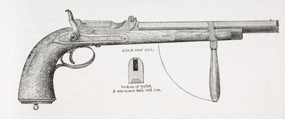 Pistola a carabina del Capitano Burton e proiettile, da La vita del Capitano Sir Richard Burton, Volume II di Isabel Burton (1831-96) pubblicato nel 1893 da English School