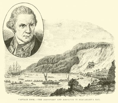 Capitano Cook, la Discovery e la Resolute nella baia di Kealakakua da English School