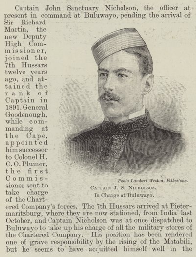 Capitano J S Nicholson, responsabile a Buluwayo (incisione) da English School