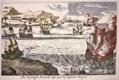 Il capitano Morgan sconfigge le navi da guerra spagnole che bloccano la foce del Lago Maracaibo nel 1669 da English School