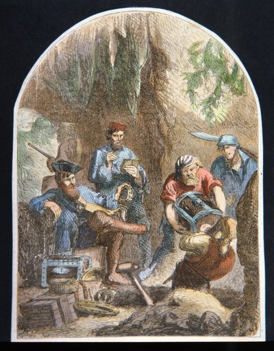 Capitano William Kidd che nasconde il tesoro in una caverna (litografia a colori) da English School