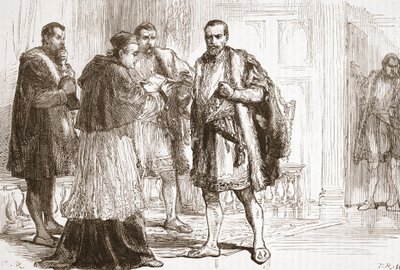 Il cardinale de Tournon legge il manifesto protestante a Francesco I, illustrazione da La storia del protestantesimo di James Aitken Wylie (1808-1890), pub. 1878 da English School