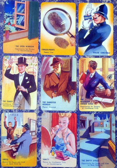 Carte per un gioco di carte MurderMystery per una famiglia inglese I Commit, c.1930 da English School