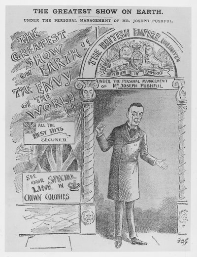 Caricatura di Joseph Chamberlain come Segretario Coloniale, c.1900 da English School