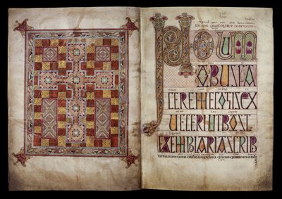 Pagina di tappeto e pagina di incipit che introducono la lettera di San Girolamo a Papa Damaso, Cotton Nero D. IV, f.2v e f.3r dai Vangeli di Lindisfarne, 710-721 (pergamena) da English School