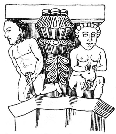 Figure scolpite di un uomo e una donna che mostrano i loro genitali dal capitello di una colonna in una chiesa a Egra da English School