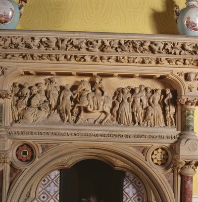 Camino scolpito nel salotto, raffigurante Elisabetta I accolta dal Conte di Hereford nel 1591, XVI secolo da English School