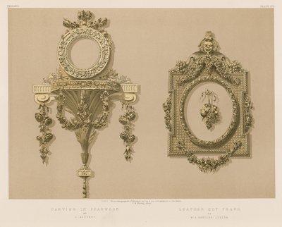 Intaglio in legno di pero; Cornice in pelle intagliata da English School