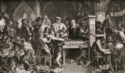 Caxton (c.1422-91) che mostra esemplari della sua stampa a Re Edoardo IV all
