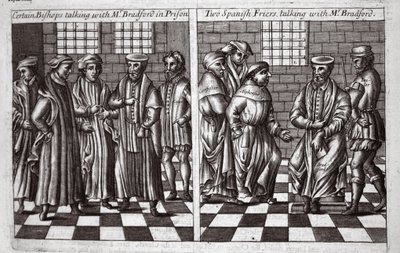 Certi vescovi che parlano con Mr Bradford in prigione e due frati spagnoli che parlano con Mr Bradford, illustrazione da Atti e Monumenti di John Foxe, nona edizione, pub. 1684 da English School