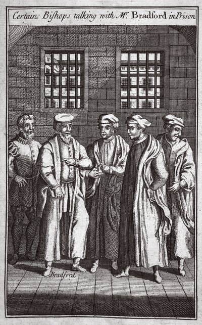Certi vescovi che parlano con Mr Bradford in prigione, illustrazione da Foxes Martyrs c.1703 da English School