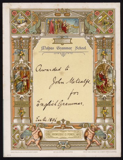 Certificato di grammatica inglese assegnato a un alunno della Malpas Grammar School, Cheshire da English School