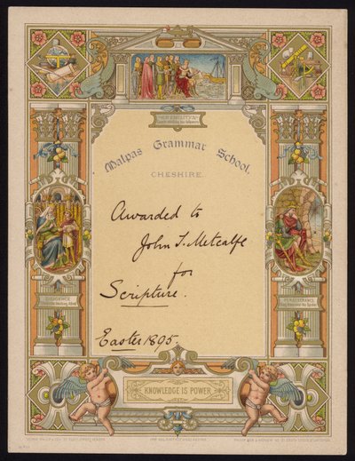 Certificato di scrittura assegnato a un alunno della Malpas Grammar School, Cheshire da English School