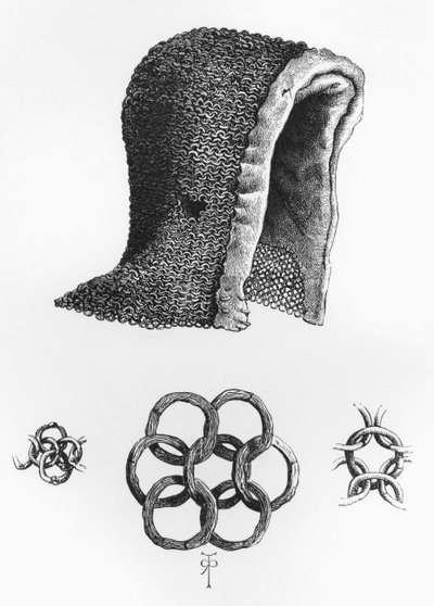 Cappuccio di maglia e esempio di maglia ad anelli interconnessi, c. A.D. 1120, da L