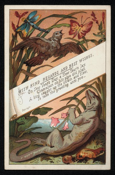 Camaleonte con verso e un uccello, cartolina di auguri di Capodanno da English School