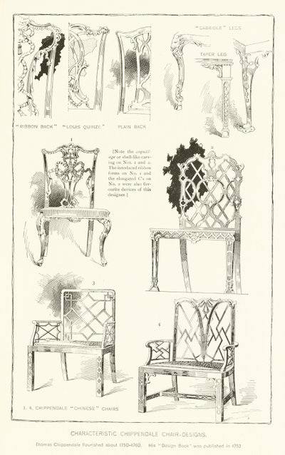Disegni caratteristici di sedie Chippendale da English School