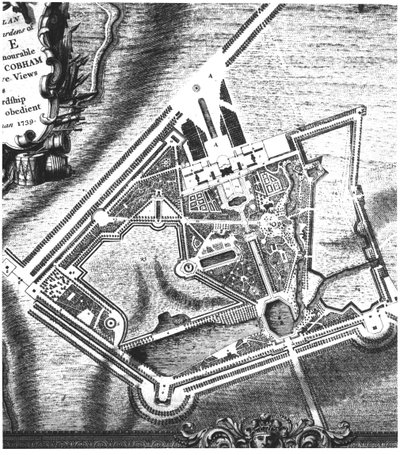 Piano di Charles Bridgeman (fl.1713-38) per i Giardini di Stowe, da un libro sulle vedute di Stowe pubblicato da Mrs Charles Bridgeman nel 1739 da English School