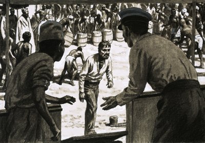 Charles Osborne e il capitano Stott stendono barili di rum sulla spiaggia da English School