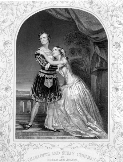 Charlotte e Susan Cushman come Romeo e Giulietta, Atto III Scena 5 di Romeo e Giulietta, da un dagherrotipo, pub. da John Tallis & Co. da English School
