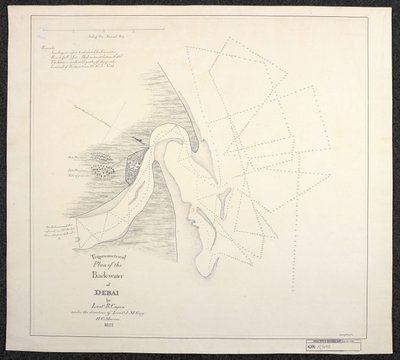 Carta di Dubai nel 1822 da parte dei topografi marini della Compagnia delle Indie Orientali Inglese, intitolata Piano Trigonometrico del Back-water di Debai del tenente R. Cogan sotto la direzione del tenente J. M. Guy, H. C. Marine da English School