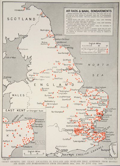 Carta che mostra le località esatte in Inghilterra e Scozia che hanno subito raid aerei e bombardamenti ostili dal 16 dicembre 1914 al 17 giugno 1918, 1918-19 da English School