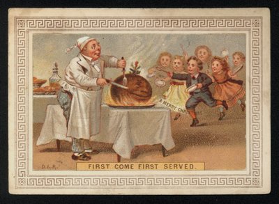 Chef che taglia un budino di prugne, biglietto di auguri di Natale da English School